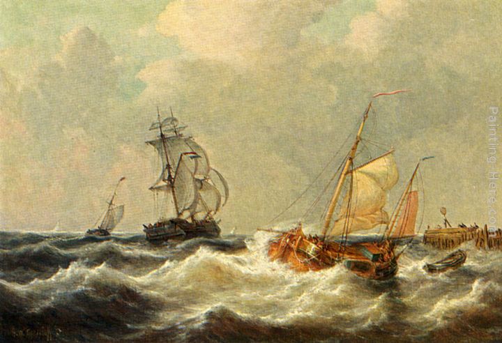 George Willem Opdenhoff Sailing Vessels In Choppy Waters